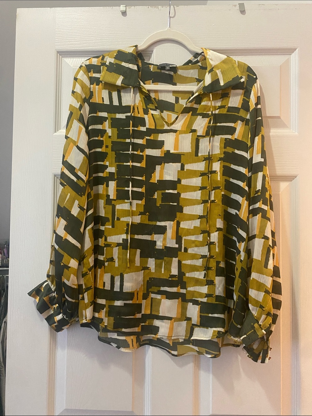 Vince Camuto Olive, Mustard & White Abstract V-Neck Blouse